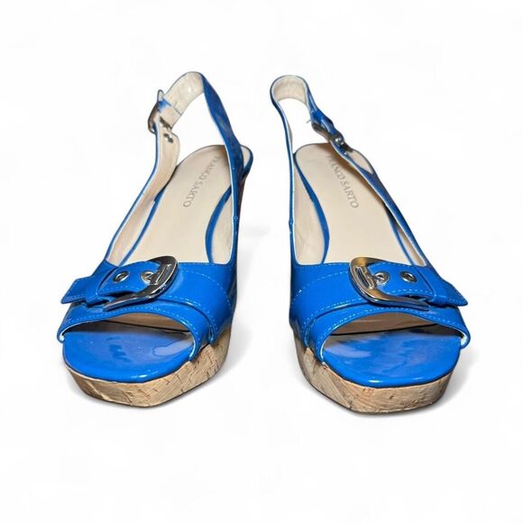 Franco Sarto Blue Buckle Peep Toe Sling-back Wedges Size 10 - Picture 3 of 7
